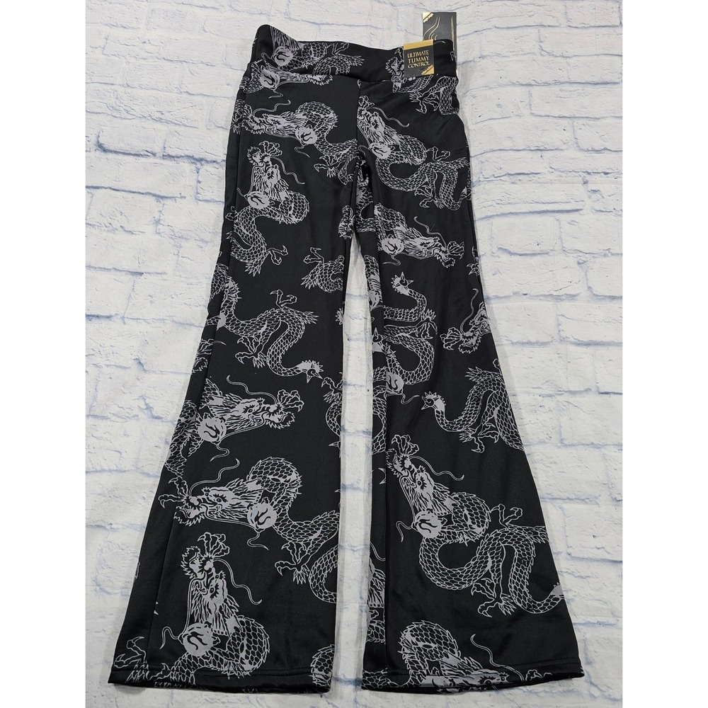 Shosho Dragon Print Flare Pants Womens Large Black Grey Tummy Control Sculpting